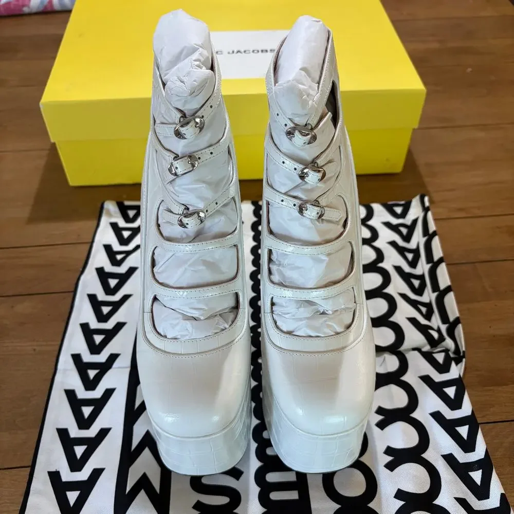 NIB Marc Jacobs The Kiki Platform Ankle Boots White Croc Print Leather US SZ 9W - Picture 4 of 10